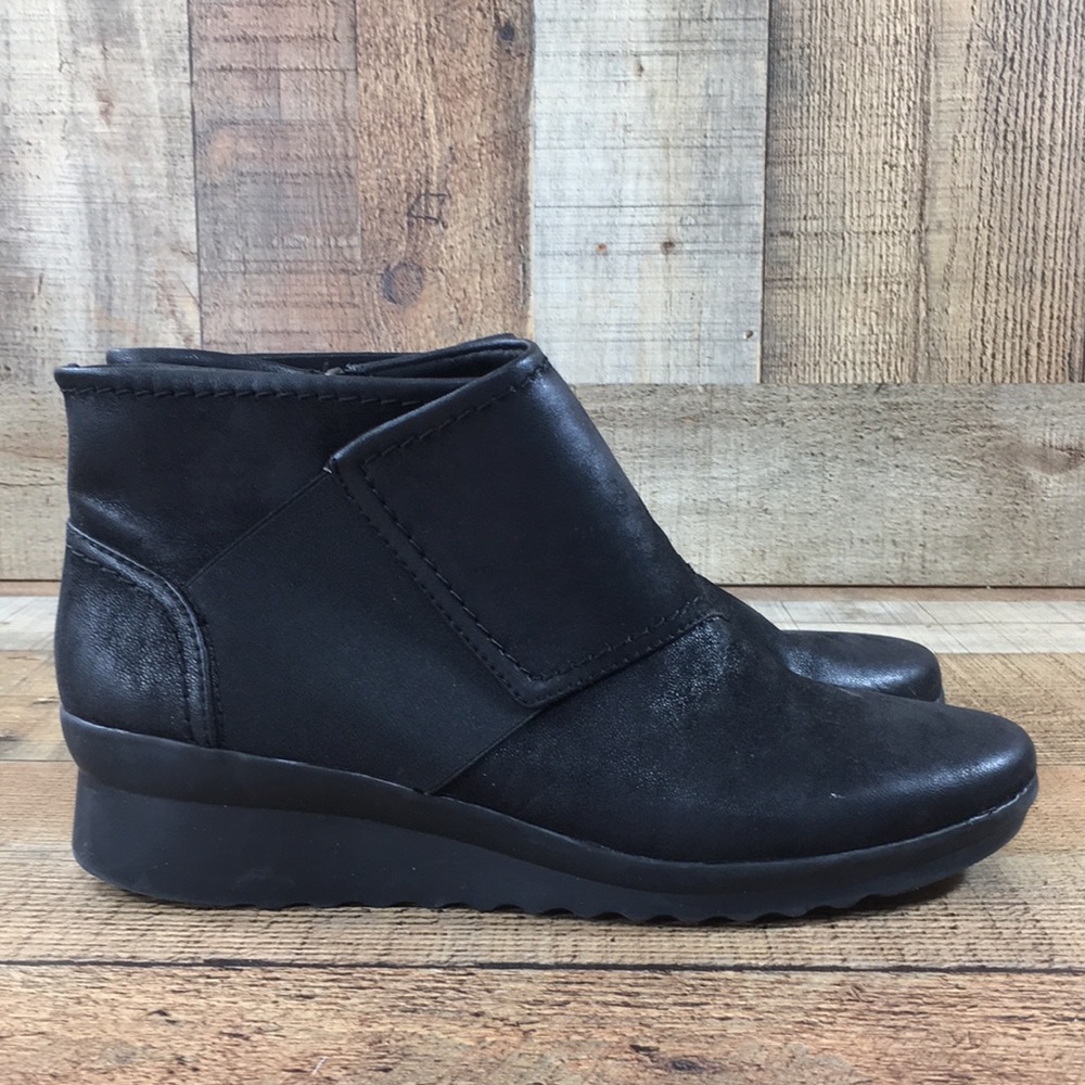 Cloudsteppers Black Leather Ankle Wedge Booties